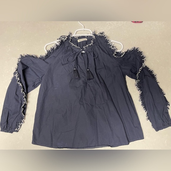 EUC ULLA JOHNSON Blue Amandine Embroidered Cold Shoulder Ruffle Blouse - Picture 4 of 10
